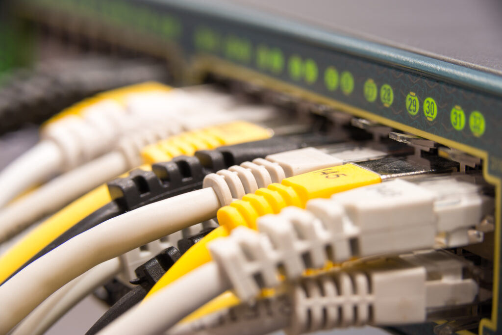 Gelbe und graue Netzwerkkabel an einem Ethernet-Switch