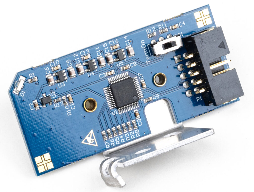 Espressivo-Pedalsensor: blaue Platine mit Steckverbinder neben dem zugehörigen Hebel