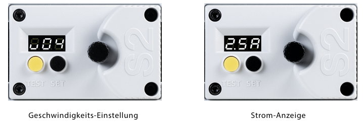 Bedienfelder des Schwellermotors S2: Geschwindigkeits-Einstellung und Strom-Anzeige