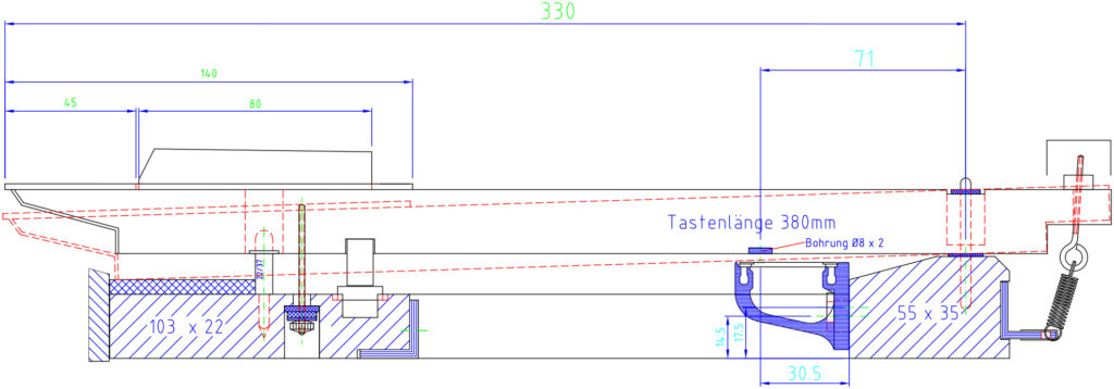 CAD-Schnittzeichnung einer Klaviatur mit Bemaßung der Tastenlänge